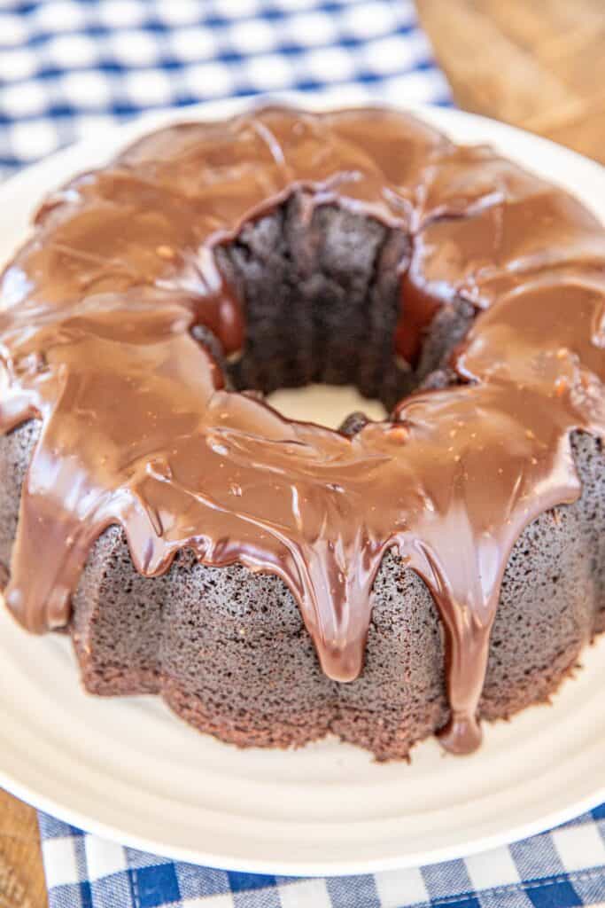 chocolate bundt cake on a plate