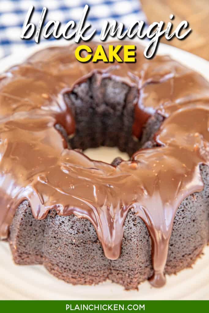 chocolate bundt cake on a platter with text overlay