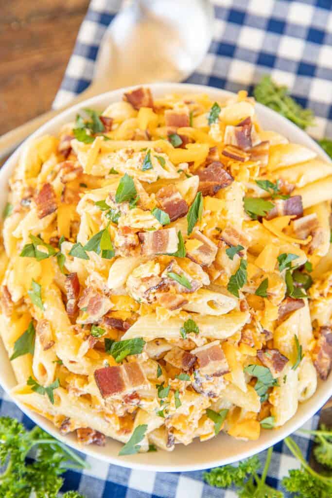 bowl of cheddar bacon ranch pasta salad