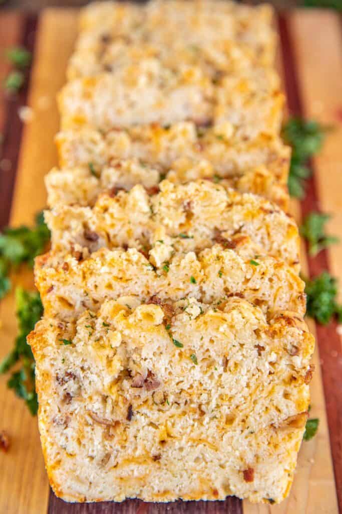 bacon cheddar beer bread with text overlay