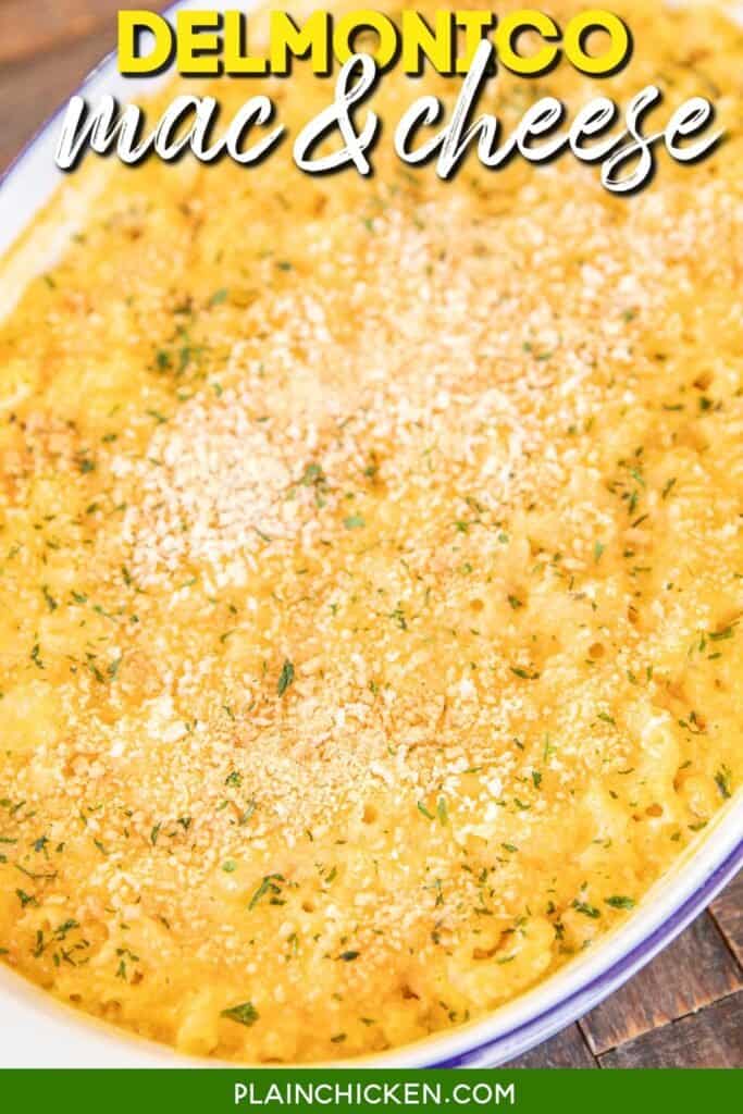 baking dish of mac and cheese with text overlay