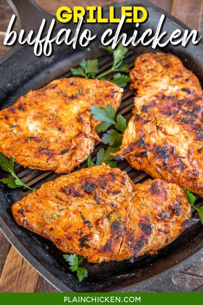 grilled chicken in a cast iron grill pan with text overlay