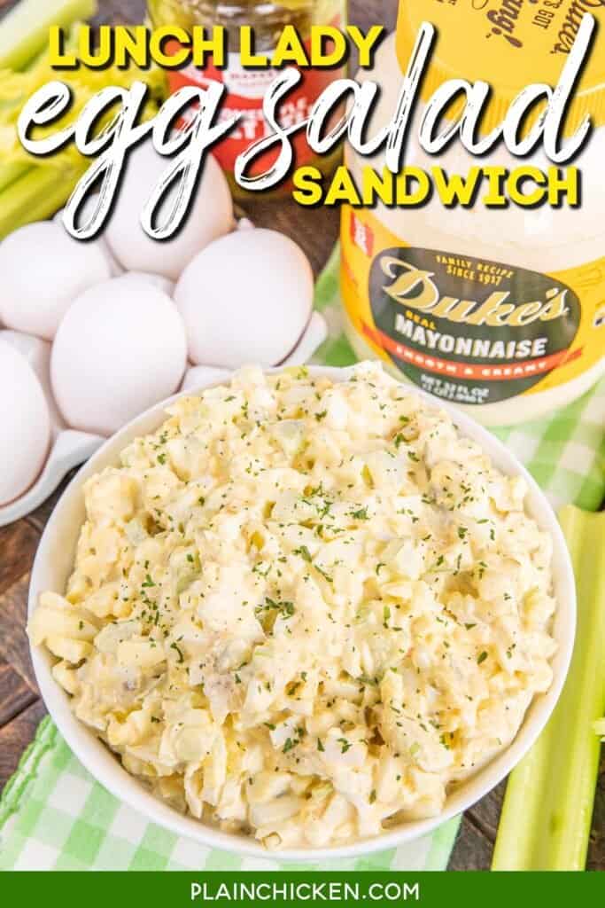 bowl of egg salad with text overlay