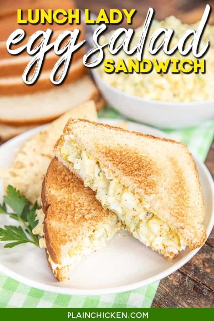 egg salad sandwich on toasted bread with text overlay
