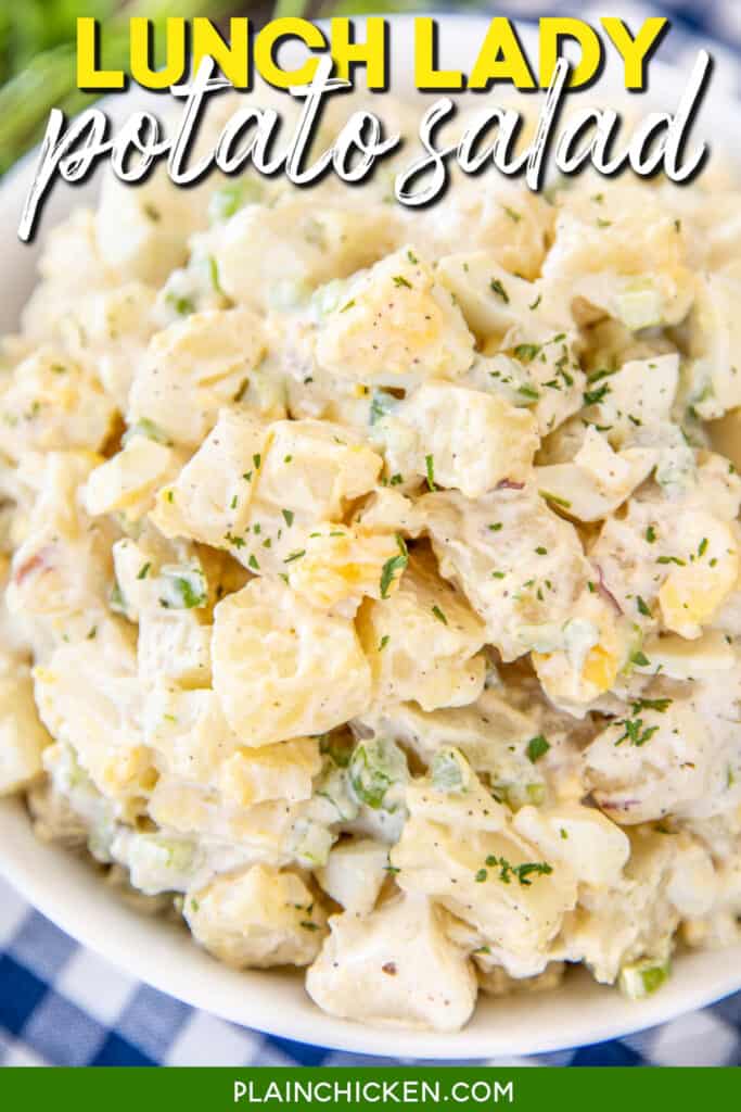 bowl of lunch lady potato salad with text overlay