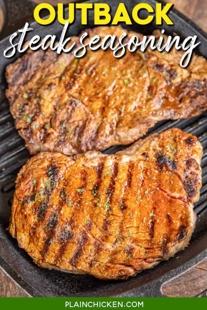 two steaks in a grill pan with text overlay