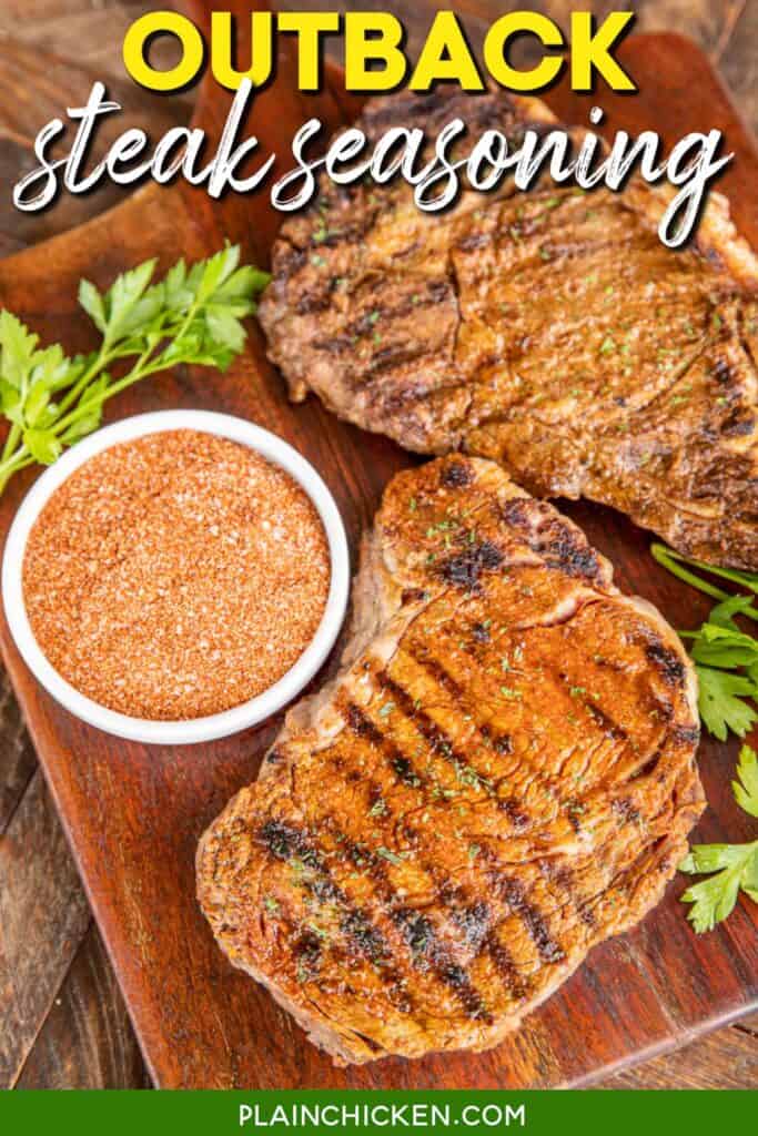 two steaks on a cutting board with outback steak seasoning with text overlay