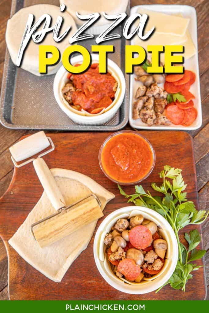 assembling pizza pot pies with text overlay