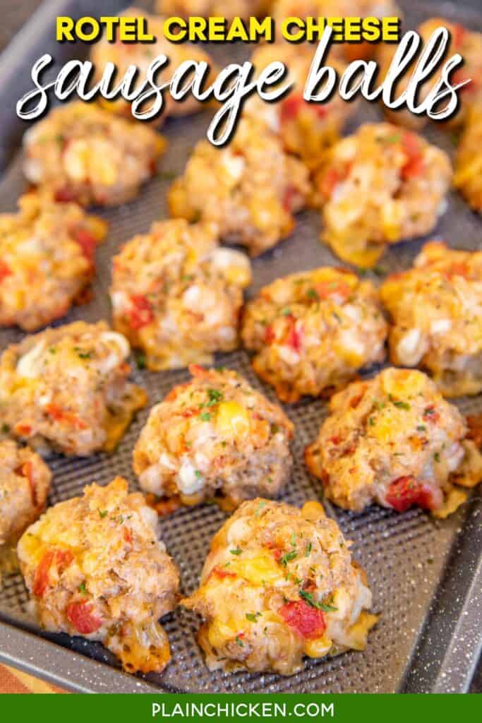 baking sheet of sausage balls with text overlay