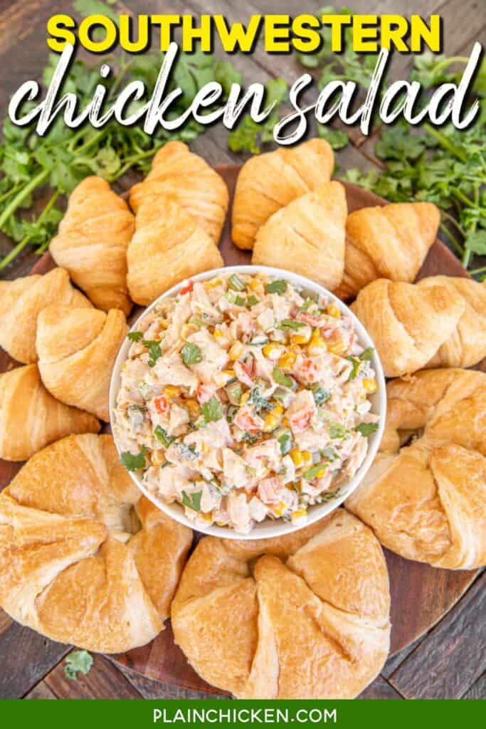 bowl of chicken salad with croissants and text overlay