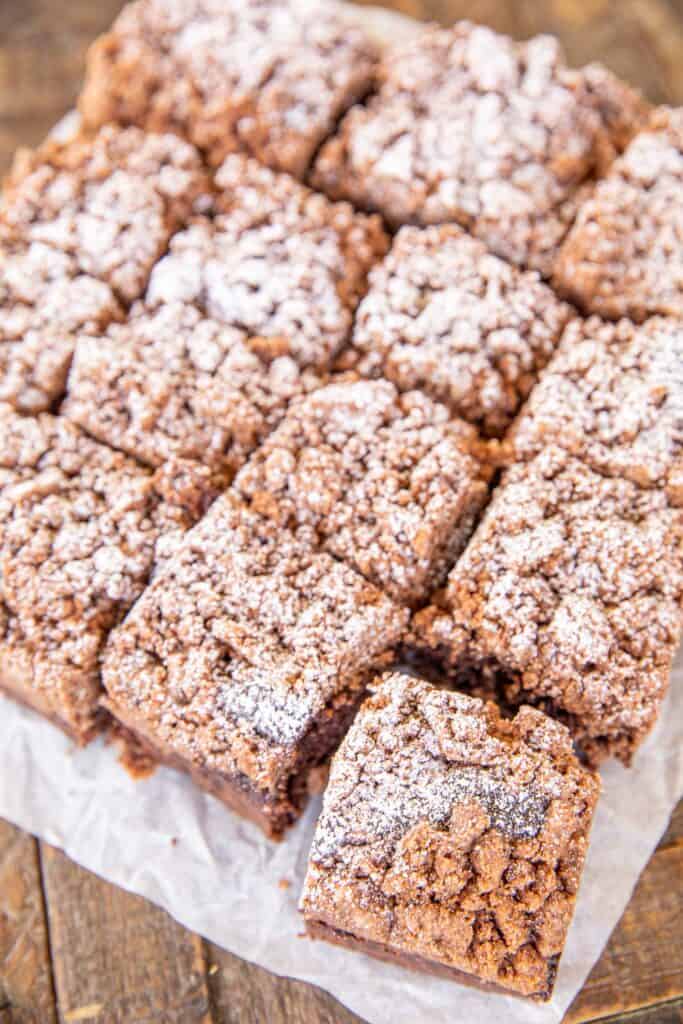 chocolate crumb cake on parchment paper