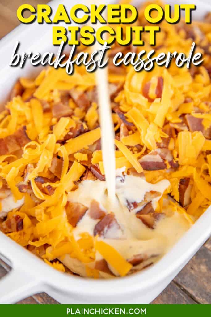 pouring egg mixture over bacon and cheese in baking dish with text overlay