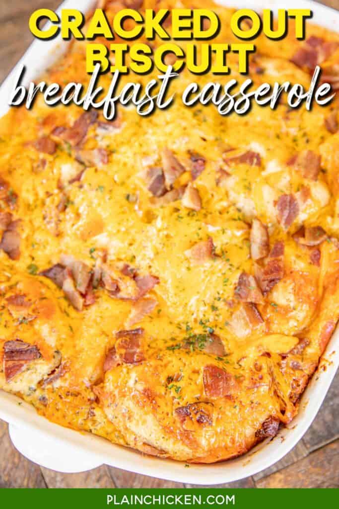 baking dish of bacon and cheese with text overlay
