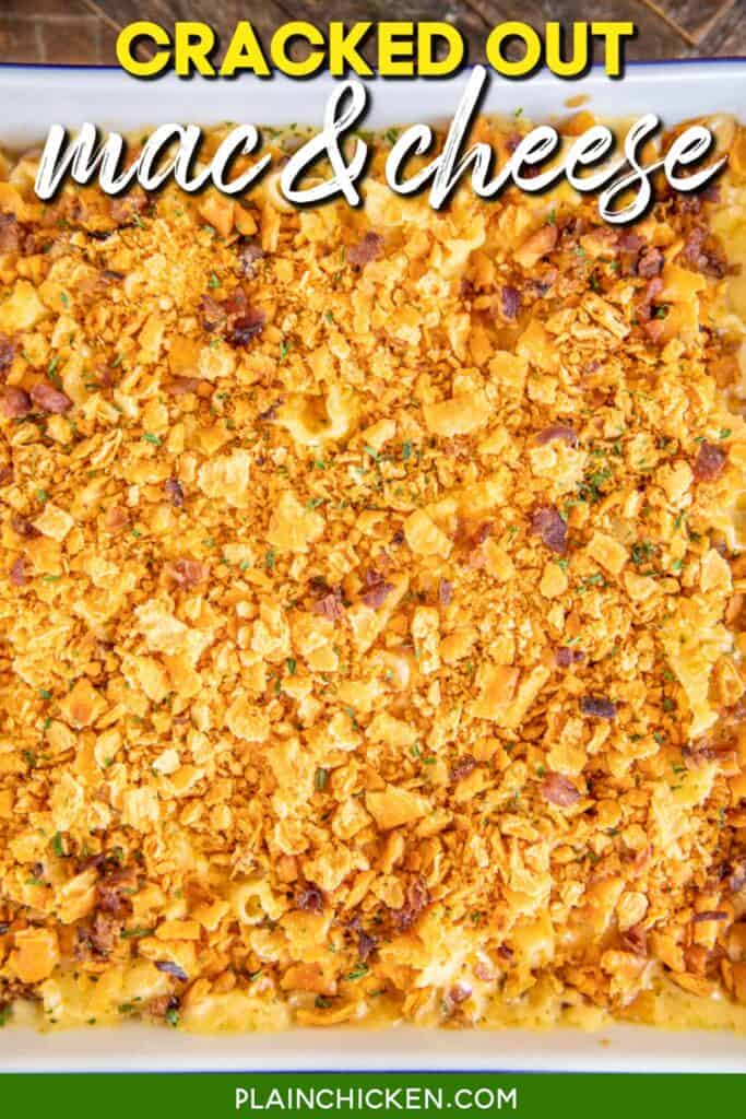 baking dish of cheez-its topped mac and cheese with text overlay