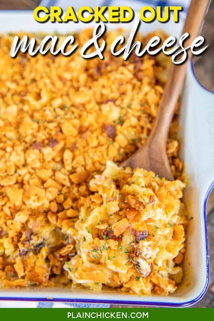 scooping macaroni and cheese from baking dish with text overlay