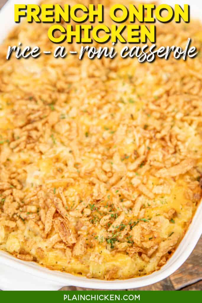 french onion chicken rice-a-roni casserole in baking dish with text overlay