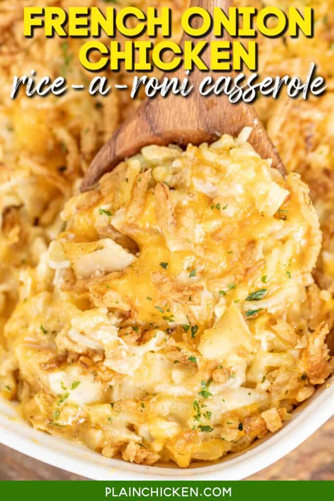 scooping french onion chicken rice-a-roni casserole from baking dish