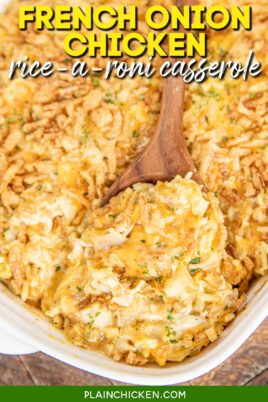 scooping chicken and rice casserole from baking dish with text overlay