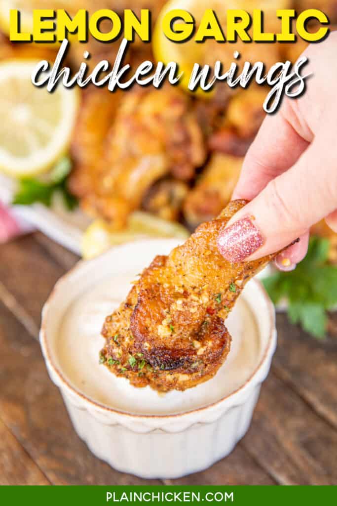 dipping chicken wing into ranch dressing with text overlay