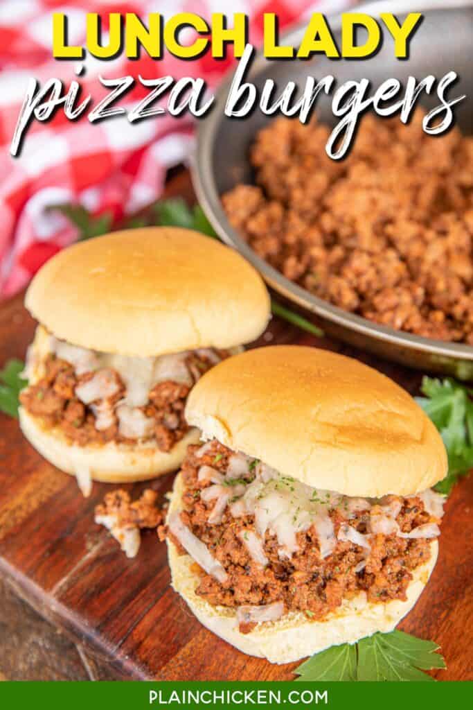 pizza sloppy joe sliders on a platter with text overlay