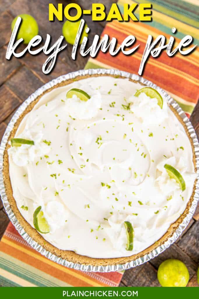 whole key lime pie on a table with text overlay
