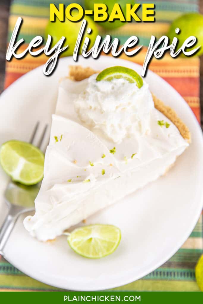 slice of key lime pie on a plate with text overlay