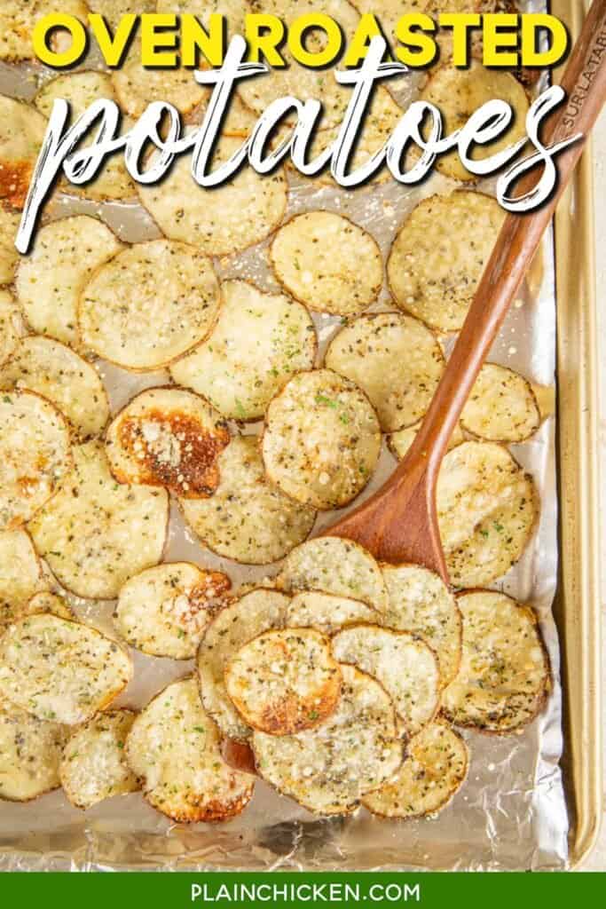 scooping baked potato slices from baking sheet with text overlay