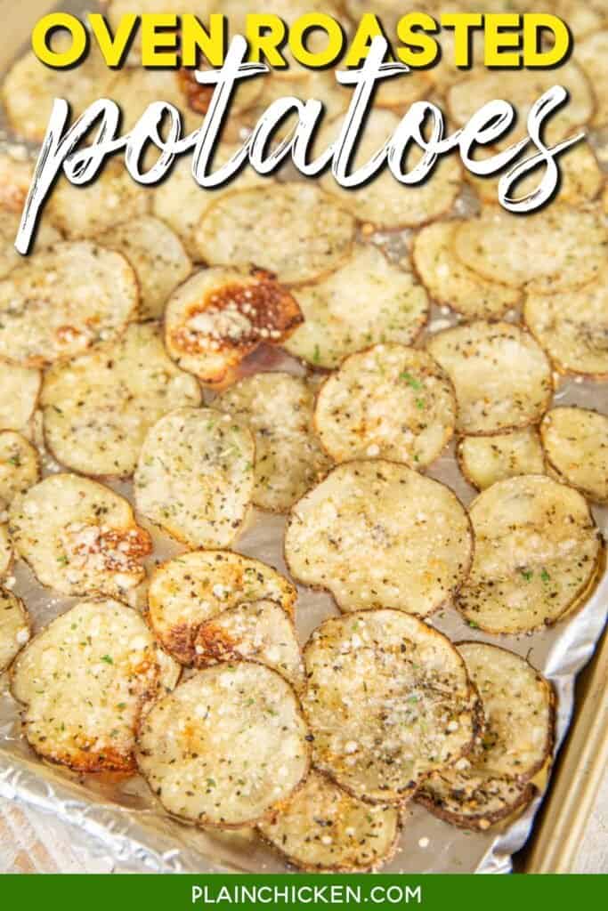 baked potato slices on baking sheet with text overlay