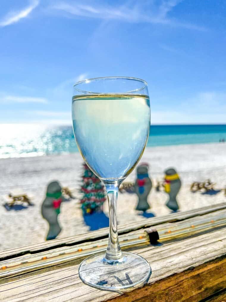 glass of wine looking at the beach
