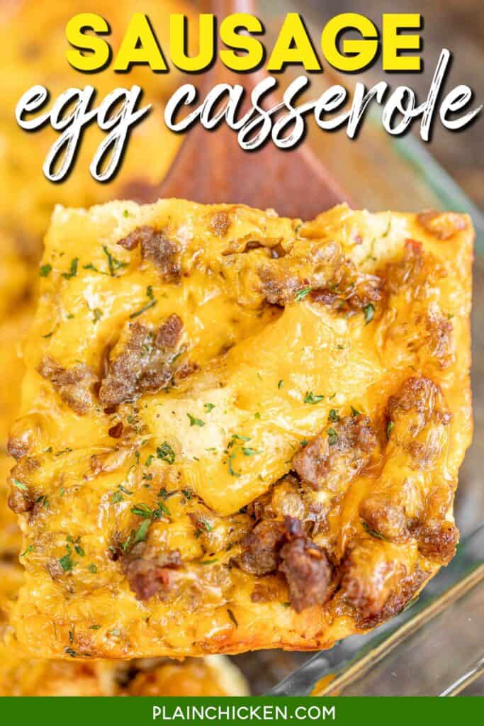 slice of breakfast casserole on a spatula with text overlay