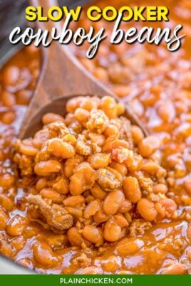 spooning cowboy beans from slow cooker with text overlay