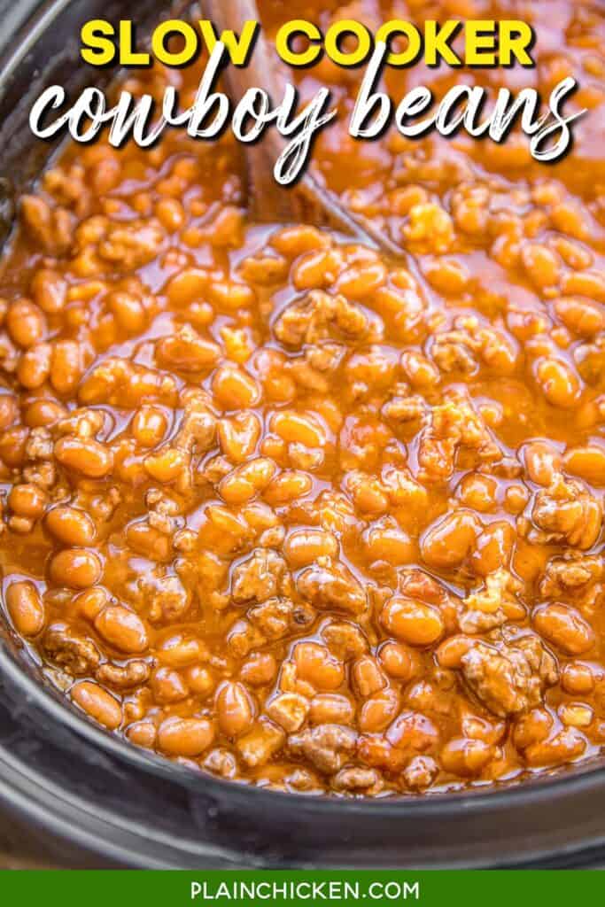 crockpot of cowboy baked beans with text overaly