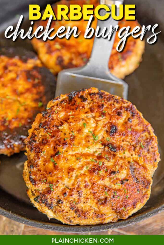 chicken burger on a spatula with text overlay