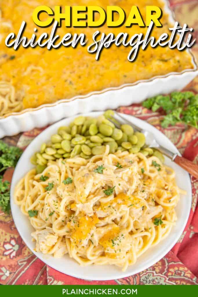 plate of cheddar chicken spaghetti with text overlay