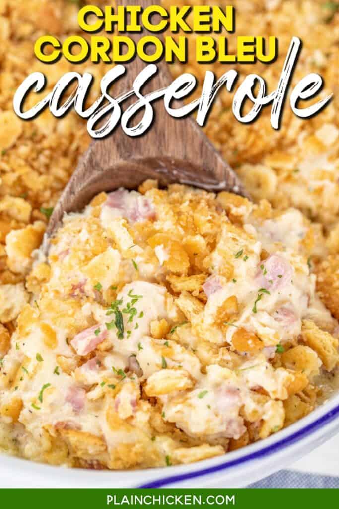 scooping chicken and ham casserole from baking dish with text overlay