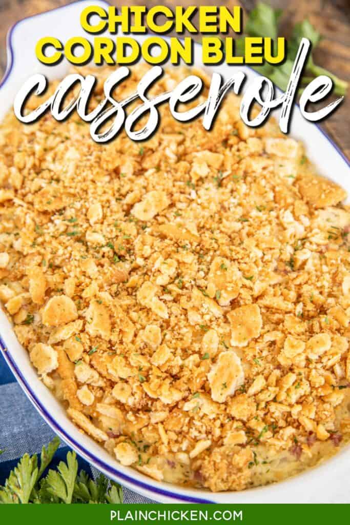 chicken casserole in baking dish with text overlay