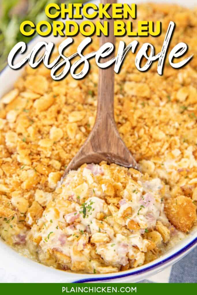 scooping chicken and ham casserole from baking dish with text overaly