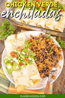 plate of chicken enchiladas with beans and rice with text overlay