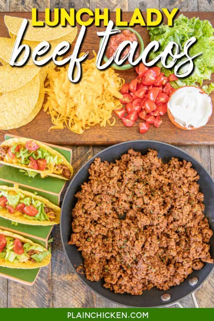 skillet of taco meat with taco toppings