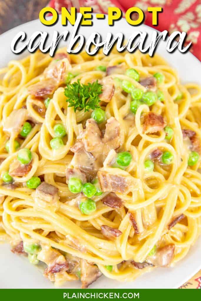 plate of pasta with peas and bacon with text overlay