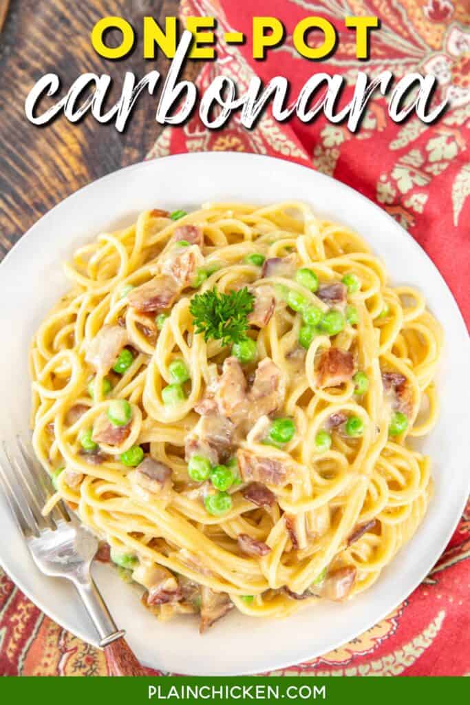 plate of pasta with peas and bacon with text overlay