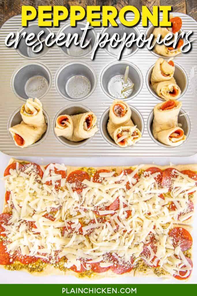 assembling pepperoni crescent roll popovers with text overlay