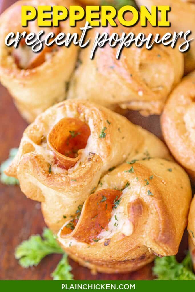 platter of pepperoni crescent popovers with text overlay