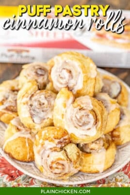 plate of puff pastry cinnamon rolls with text overlay