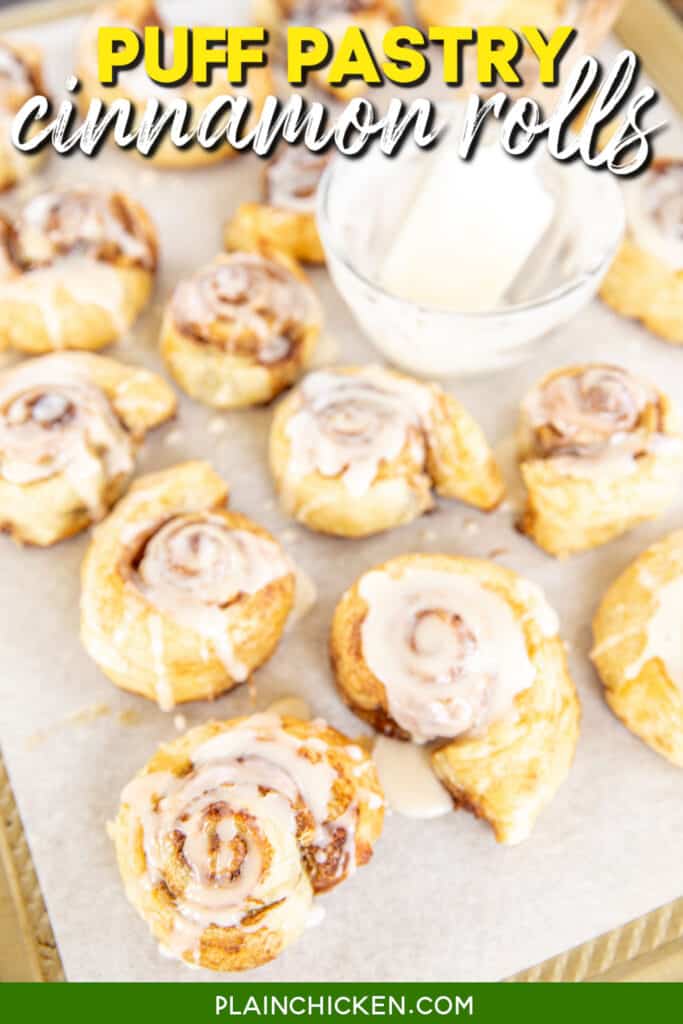 puff pastry cinnamon rolls on a baking sheet with text overlay