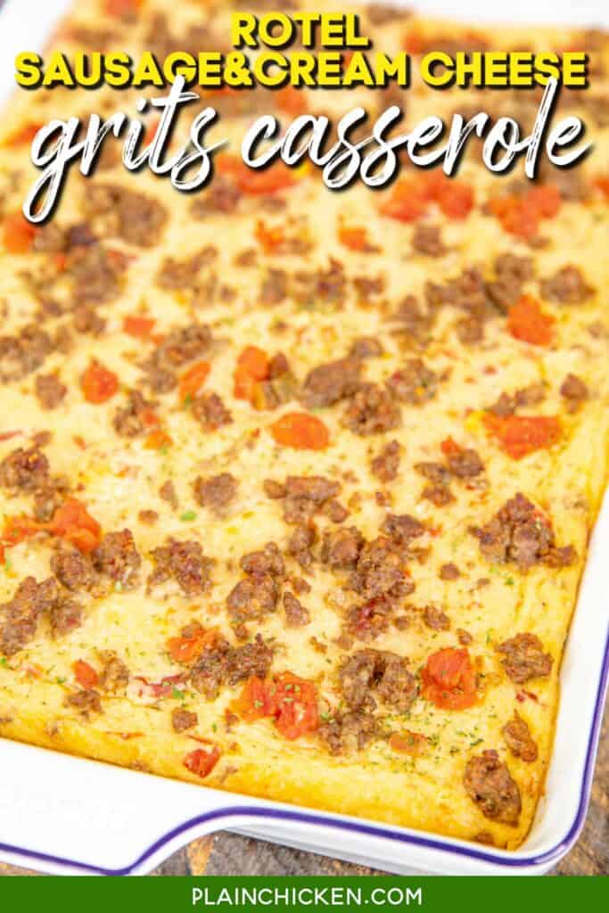 baking dish of rotel sausage grits with text overlay