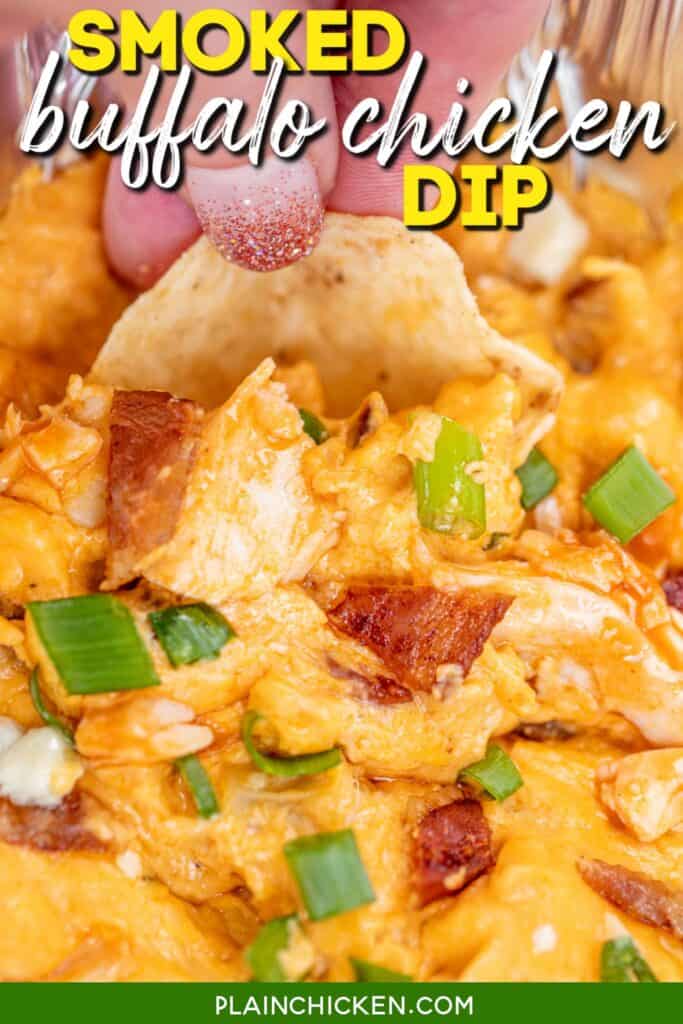 scooping chicken dip from pan with text overlay