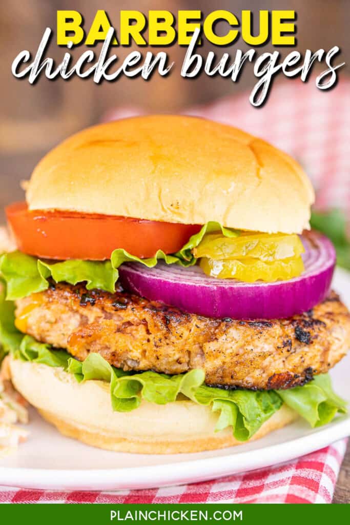 chicken burger on a plate with text overlay