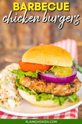 chicken burger on a plate with text overaly