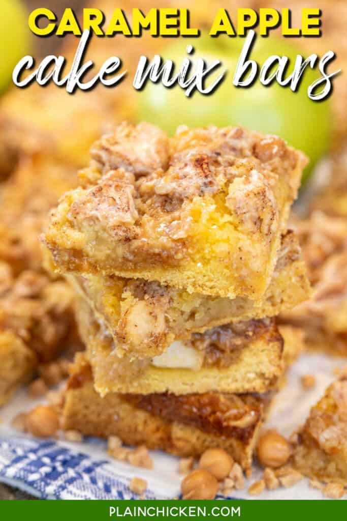 stack of 4 caramel apple cake mix bars with text overlay